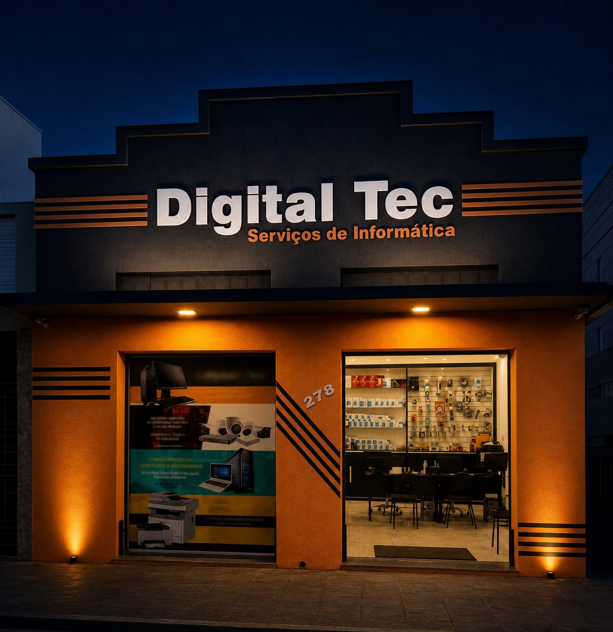 Fachada da Digital Tec em Curvelo iluminada à noite